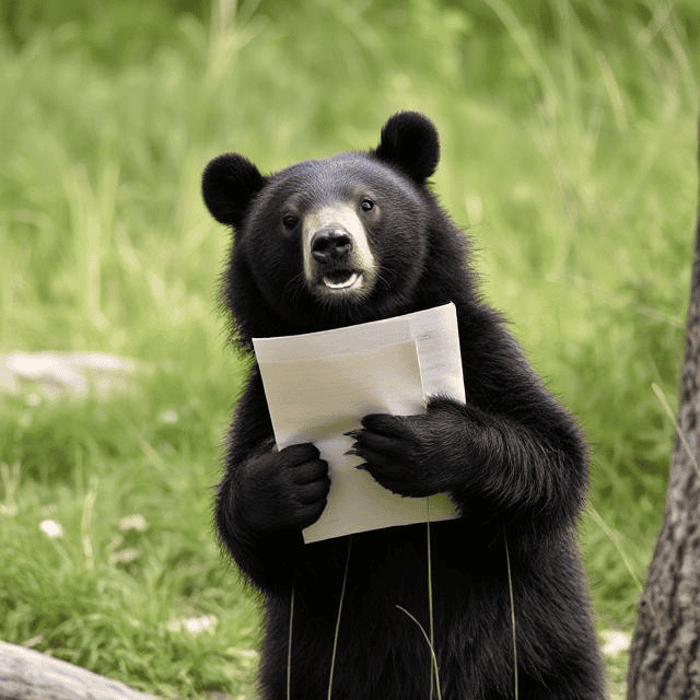 0784d571-f1c1-401a-8bb8-ea1a60658c1f A bear standing on hind legs, holding papers, in a grassy outdoor setting.