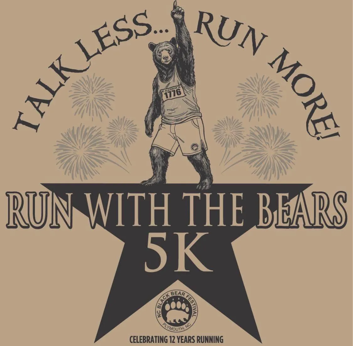 Illustration of a bear in running gear with "Run With the Bears 5K" and fireworks in the background.