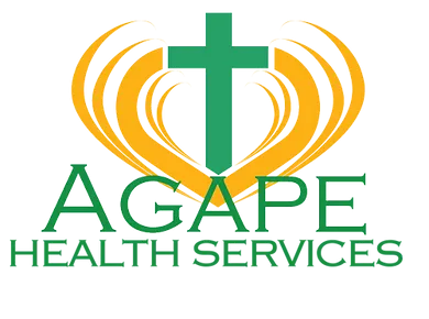 Green cross and yellow heart above "AGAPE HEALTH SERVICES" text in green on a white background.