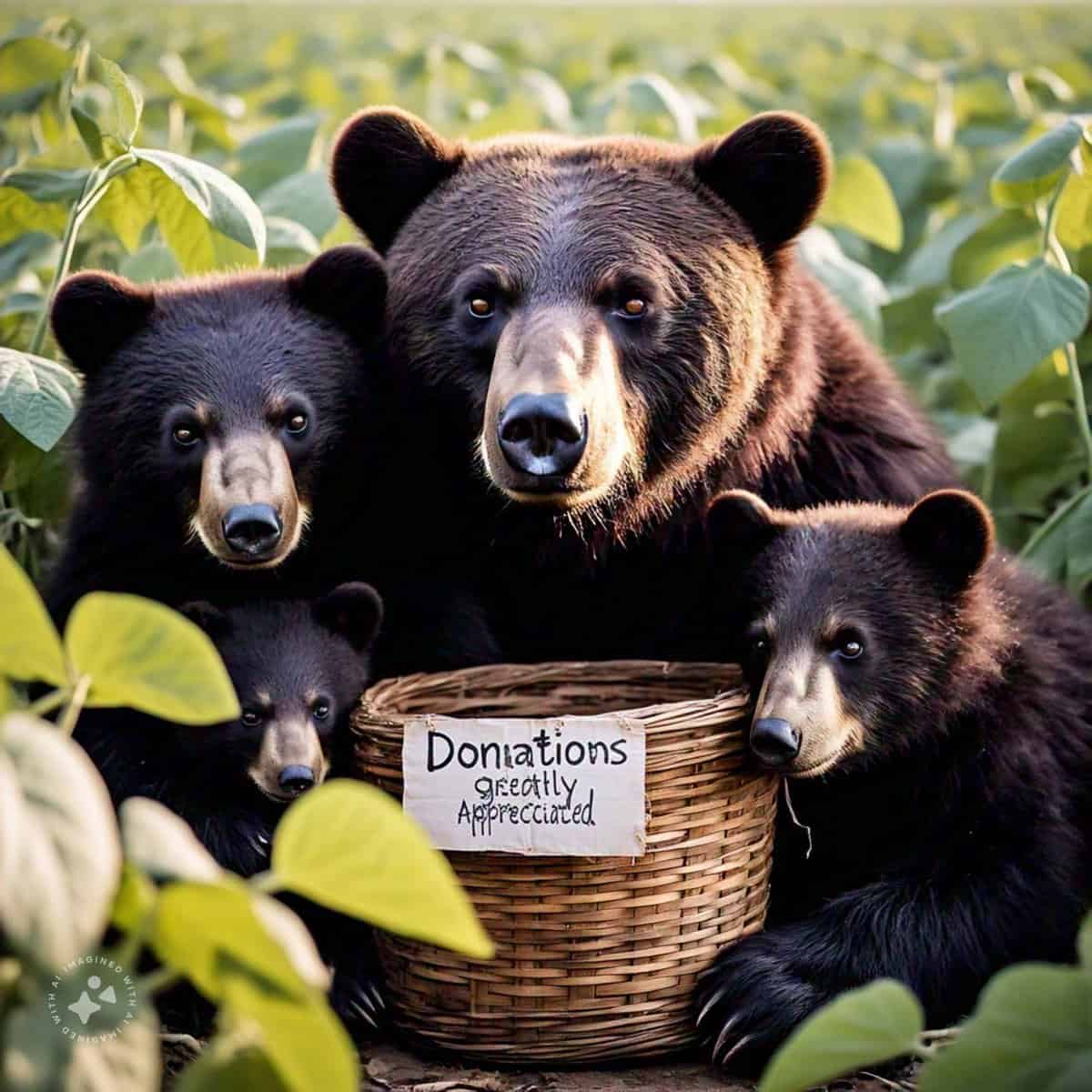 A bear and three cubs sit in a field with a basket labeled "Donations greatly appreciated.