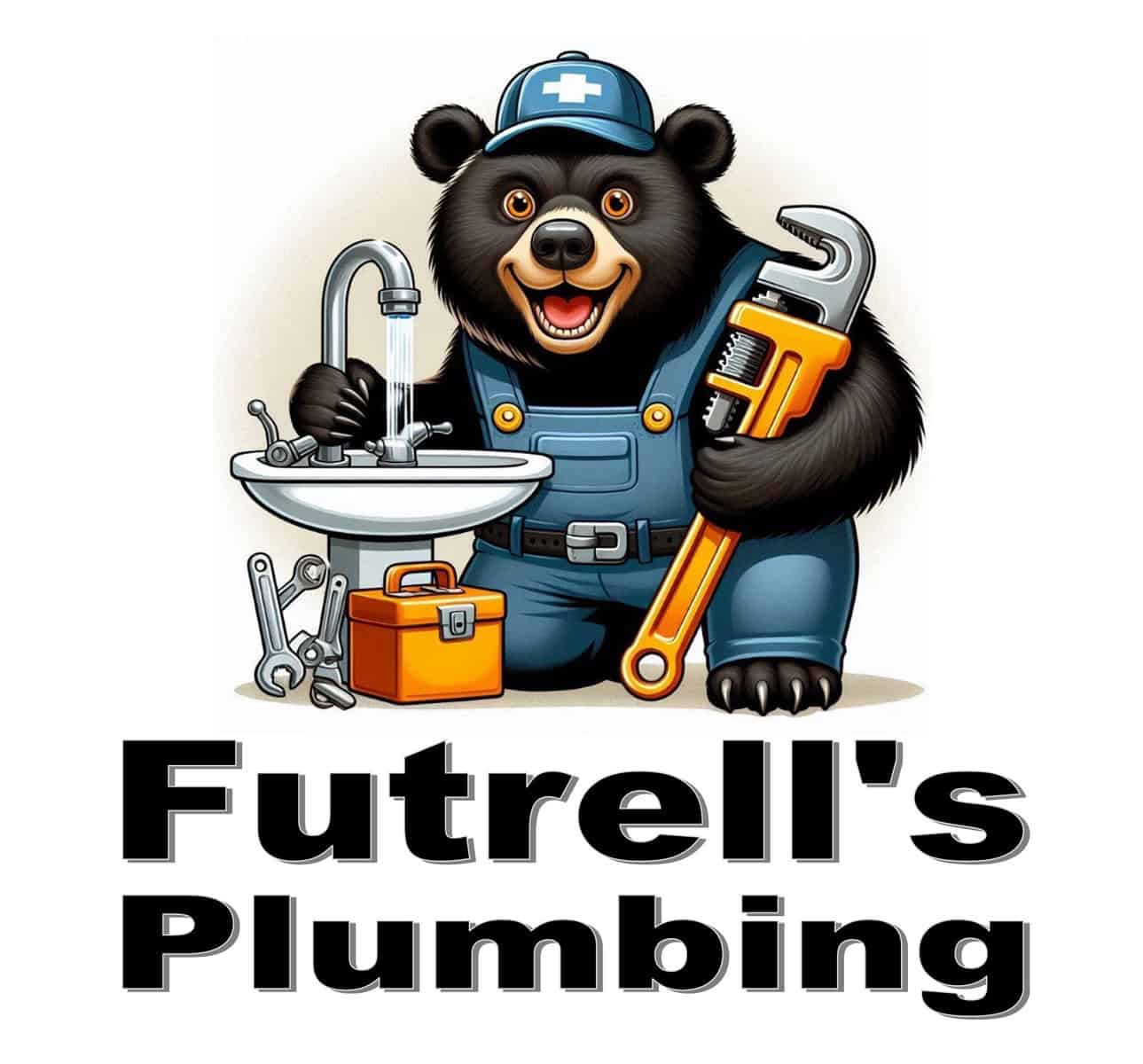 Cartoon bear plumber holding a wrench by a sink, with tools and "Futrell's Plumbing" text below.