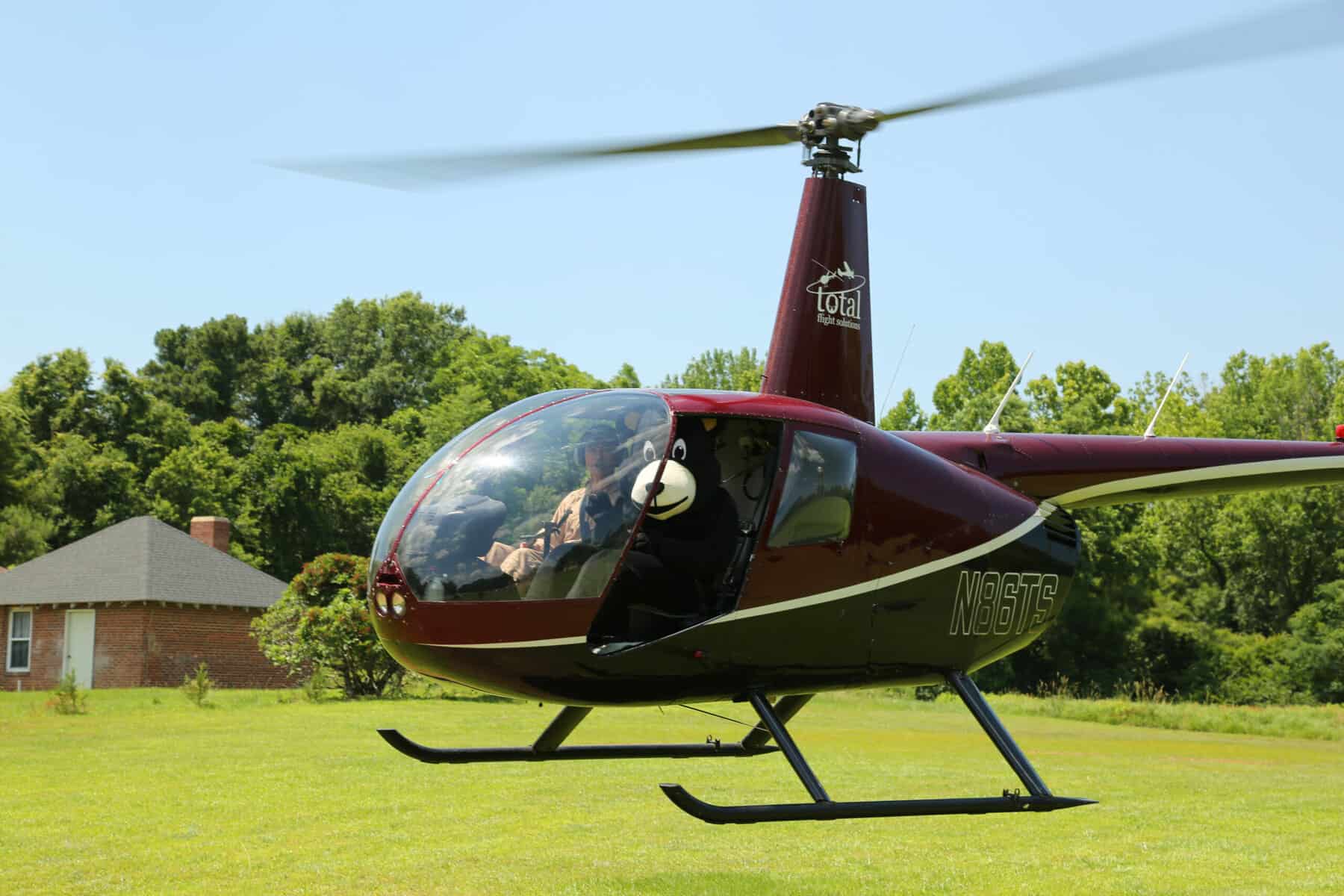 A maroon and white helicopter hovers low over a grassy field near a small house and trees.