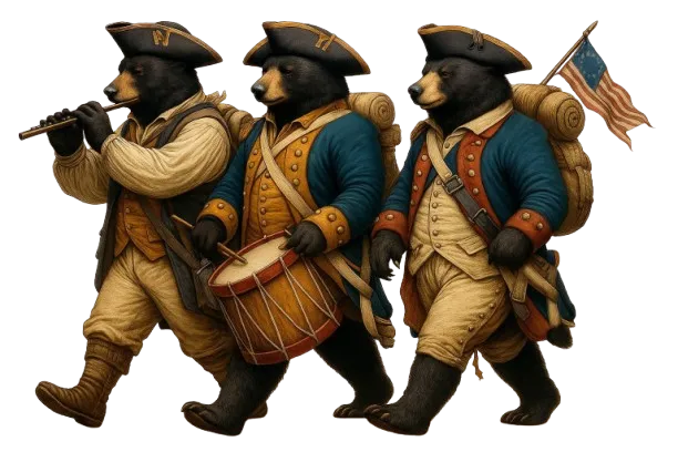 Three bears in colonial uniforms march, playing a flute and drum, with one carrying a flag and backpack.