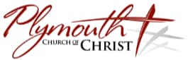 Plymouth Church of Christ logo with stylized text and cross, featuring red and gray colors.