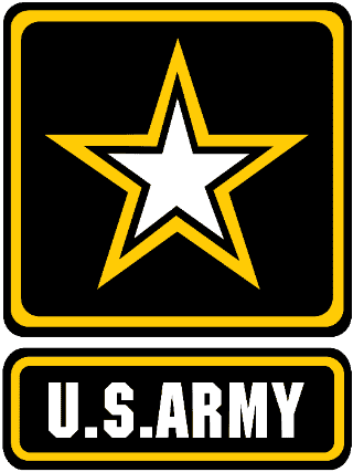 U.S. Army logo with a white star outlined in yellow above bold white text reading "U.S. ARMY" on a black background.