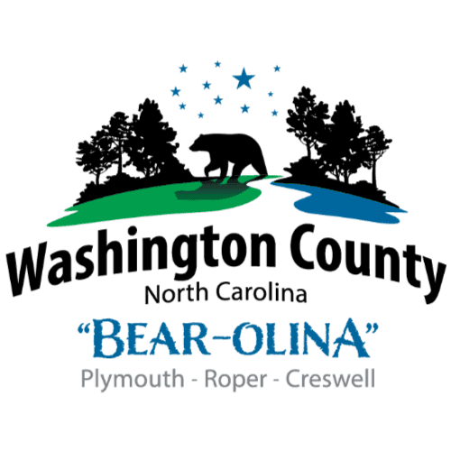 Logo with a bear, trees, stars, and text: "Washington County, North Carolina, 'Bear-olina', Plymouth-Roper-Creswell.