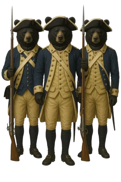 Three bears dressed as 18th-century soldiers, wearing blue and tan uniforms and holding muskets.