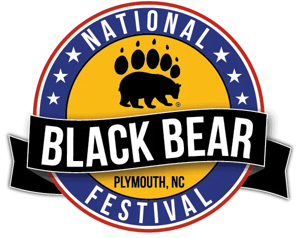 Circular "National Black Bear Festival" logo with a bear silhouette and paw prints, and "Plymouth, NC" text.