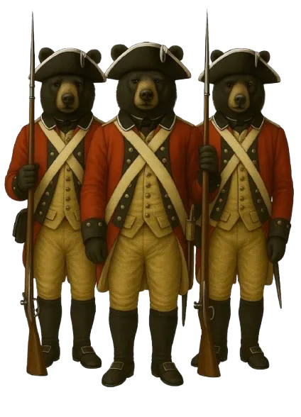 Three bears dressed as 18th-century soldiers in red uniforms, holding muskets and wearing tricorn hats.