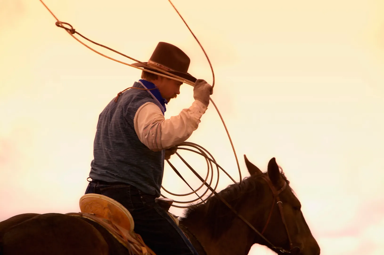 Cowboy riding a horse, swinging a lasso in the air against a warm, orange sky.