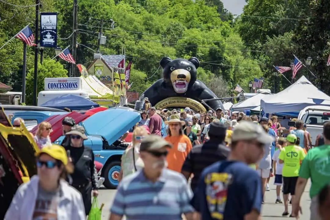 Crowd at an outdoor festival with classic cars and a large inflatable black bear in the background.