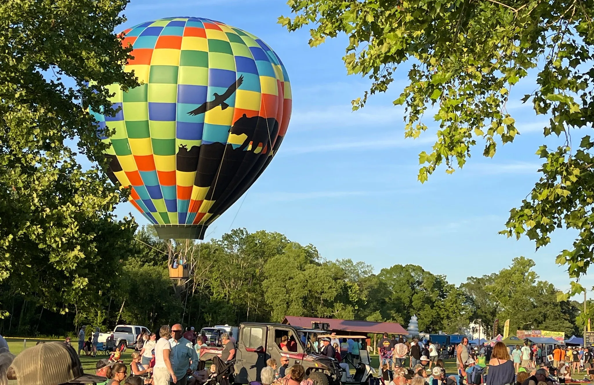 A colorful hot air balloon with animal silhouettes floats above a crowd at an outdoor event on a sunny day.