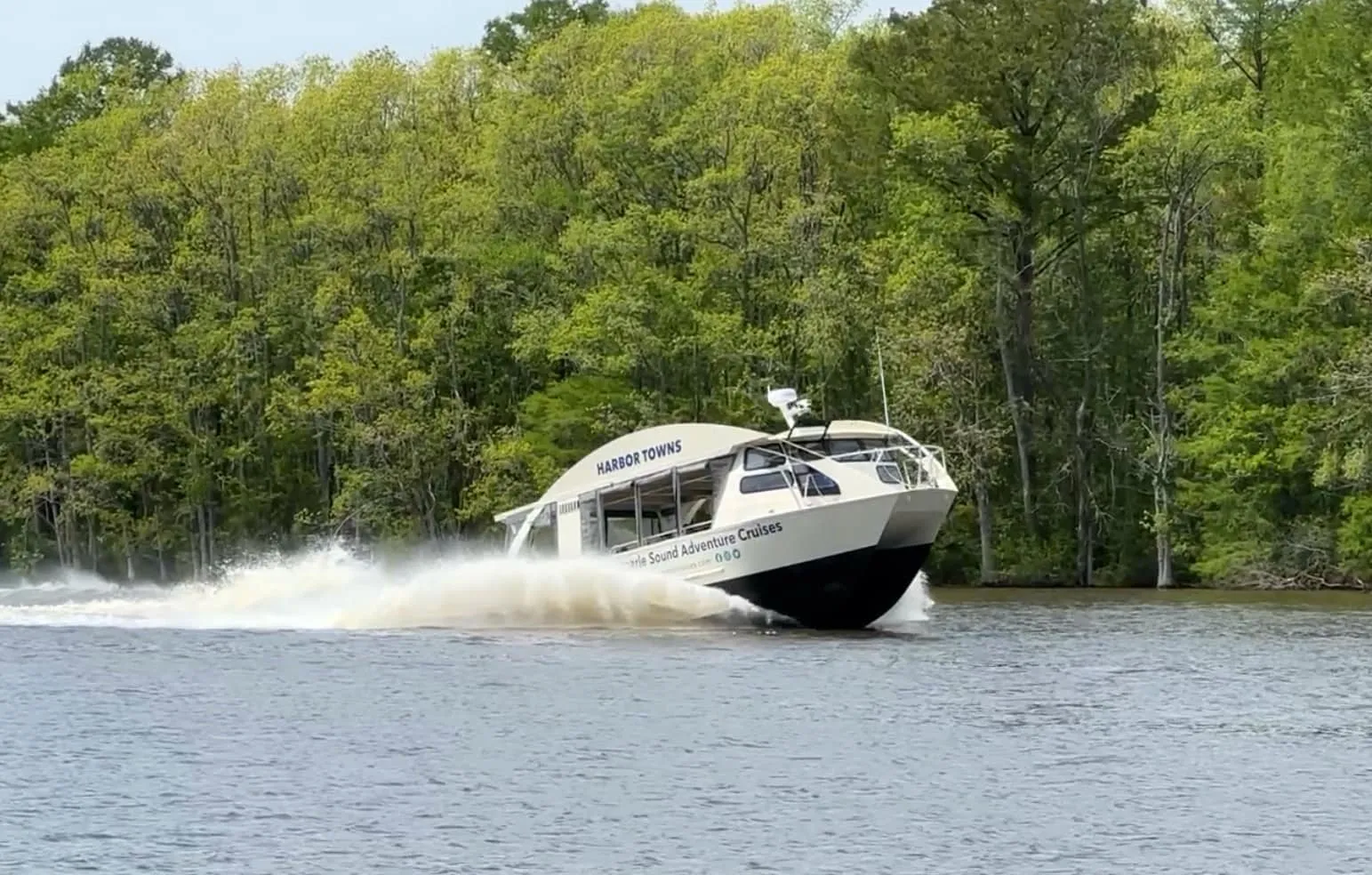 A white tour boat speeds across a river, leaving a wake, with green trees in the background.