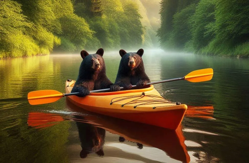 Two black bears paddle a yellow kayak on a calm river surrounded by lush green trees in sunlight.