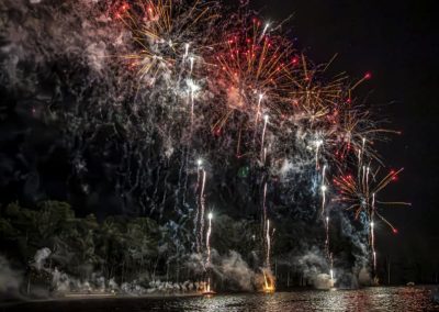 Colorful fireworks light up the night sky above water, with trees silhouetted in the background.