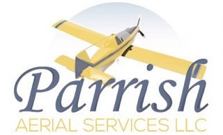 Yellow airplane flying above text: "Parrish Aerial Services LLC" in blue and yellow lettering.