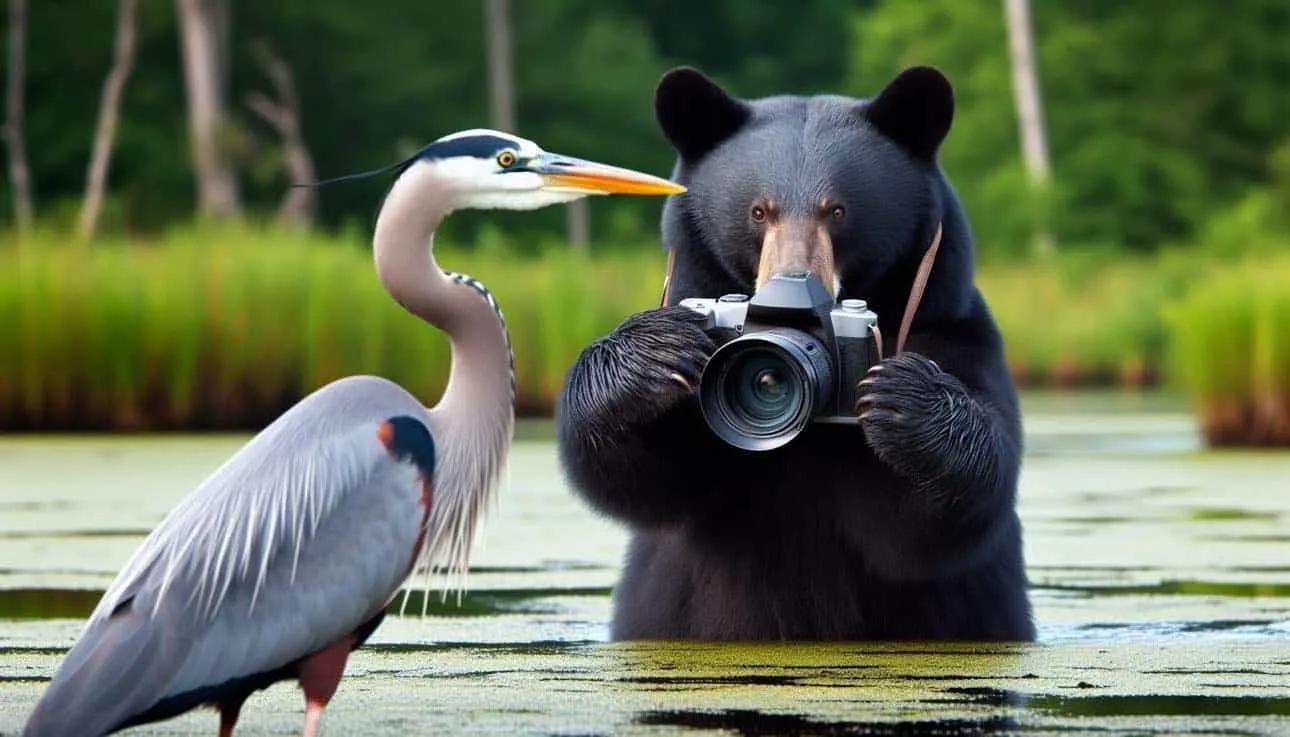 A bear in water holding a camera, taking a photo of a heron standing nearby.