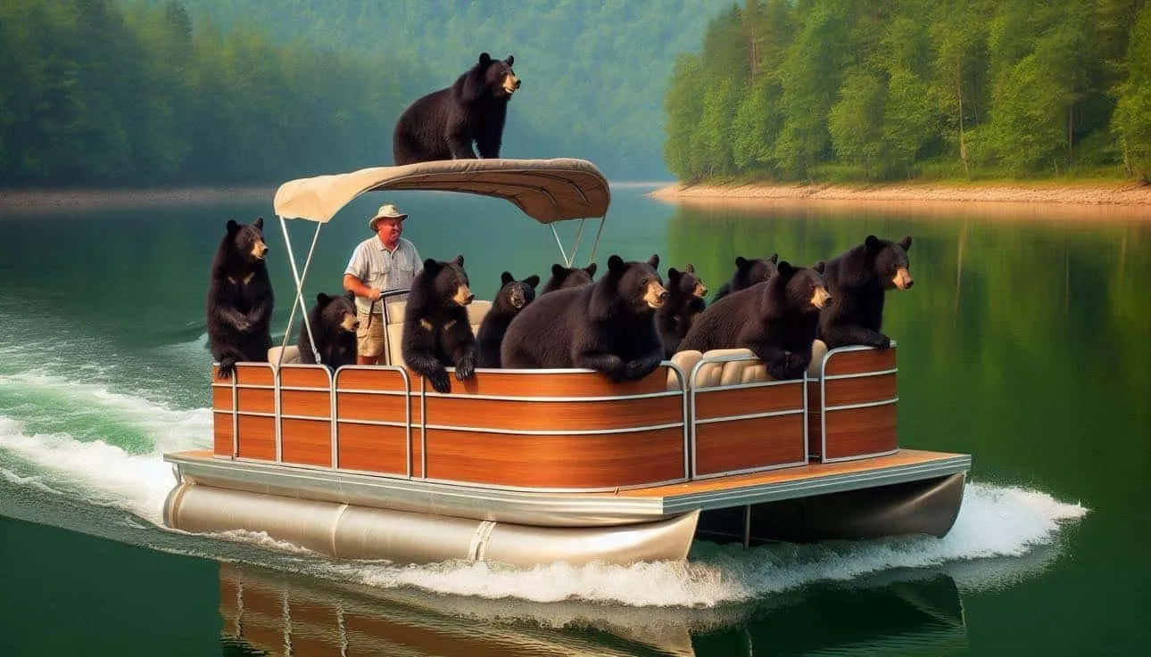 A man drives a pontoon boat on a lake, surrounded by multiple black bears sitting and standing on the boat.