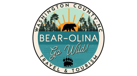 Circular logo with a bear, sun rays, trees, and text: "Bear-olina Go Wild! Washington County, NC Travel & Tourism.