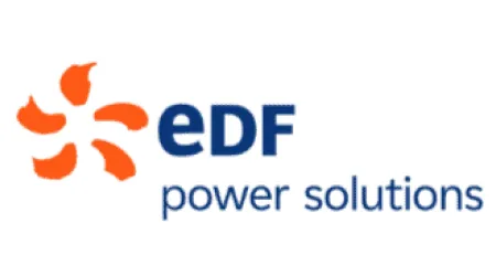 EDF power solutions logo with orange swirl symbol and blue text on a white background.