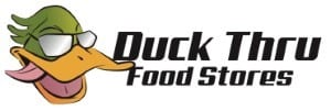 Cartoon duck with sunglasses next to "Duck Thru Food Stores" in bold black text on a white background.