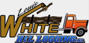 Logo for Louis White H&L Logging Inc., featuring an orange truck carrying logs and stylized text.