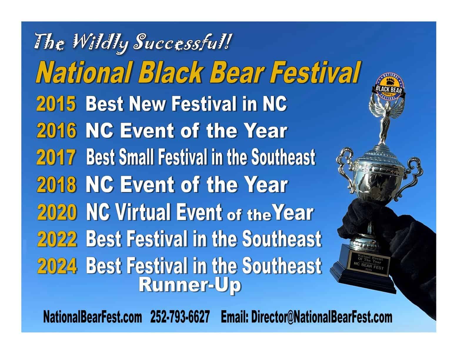 Gloved hand holds trophy; text lists awards for the National Black Bear Festival from 2015 to 2024 on blue background.