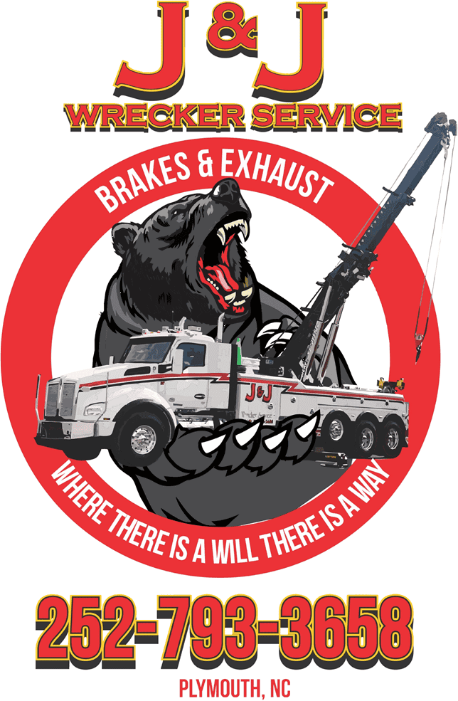 Logo for J & J Wrecker Service with a bear behind a tow truck and bold contact details; Plymouth, NC.