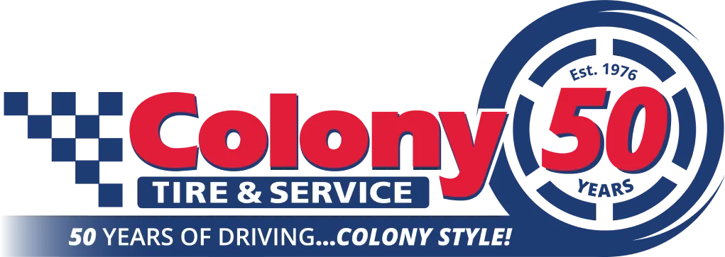 Colony Tire & Service 50th anniversary logo with blue checkers and the text “50 Years of Driving…Colony Style!”.