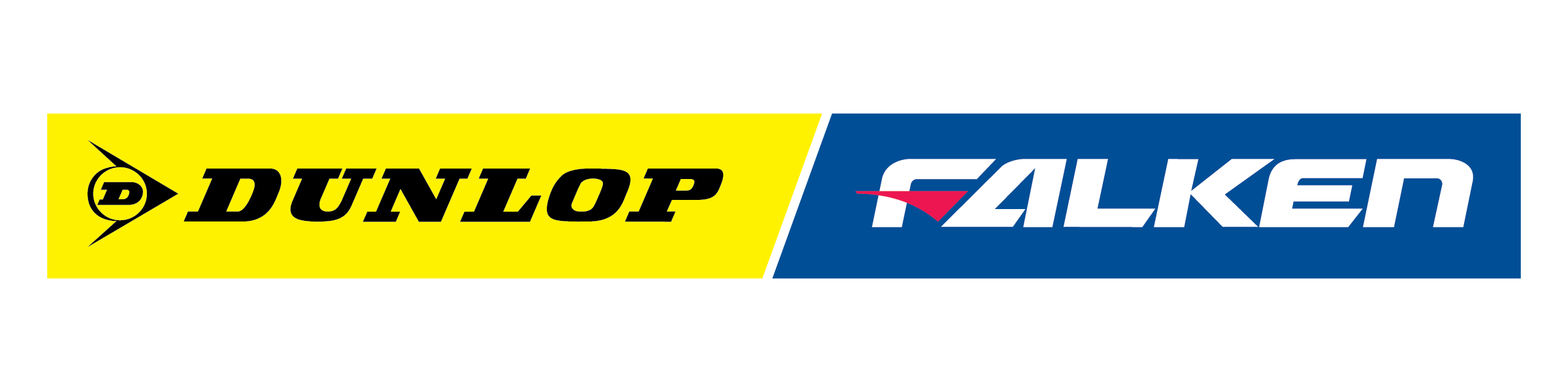 Dunlop and Falken logos side by side; Dunlop on yellow, Falken on blue background.