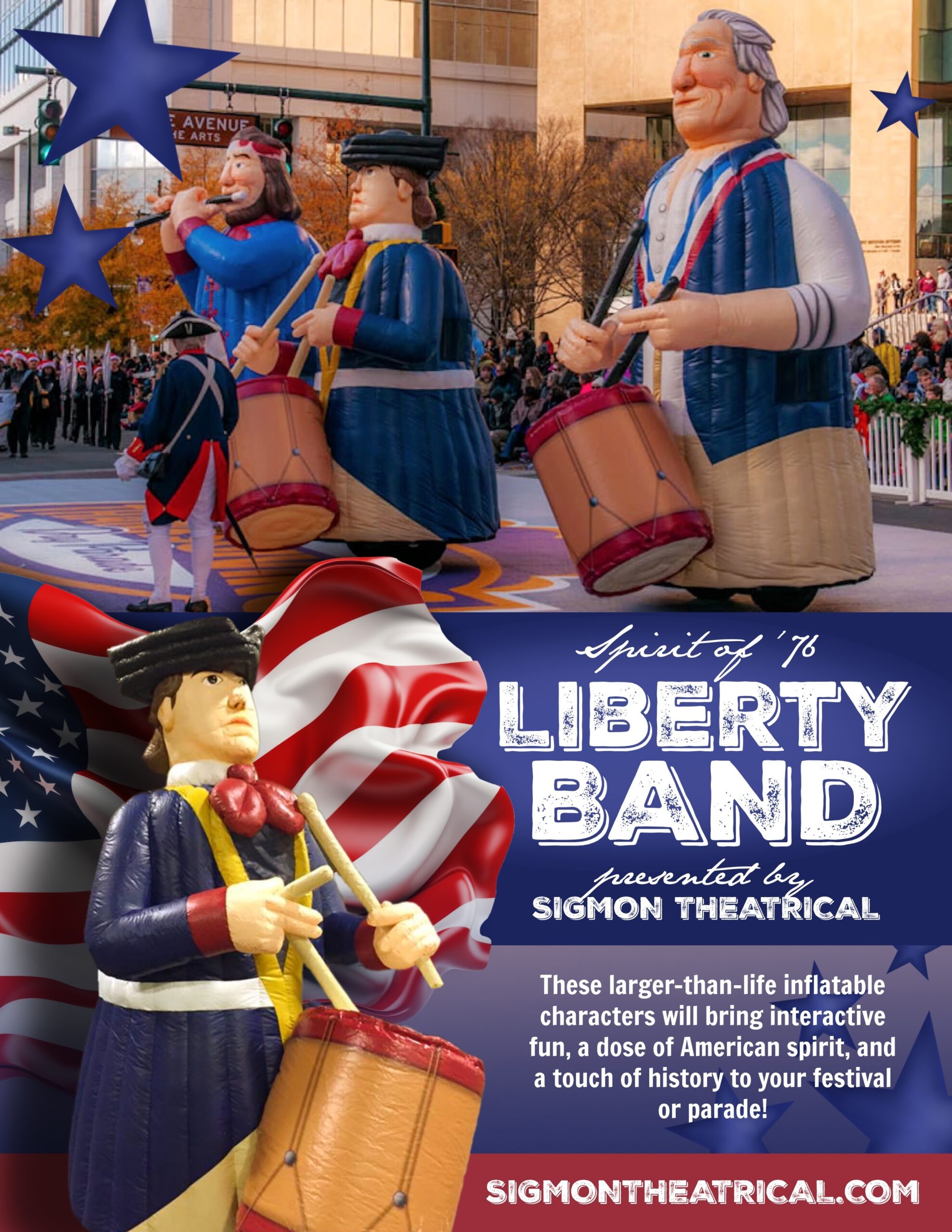 Giant inflatable figures dressed as colonial musicians perform in a parade; "Liberty Band" event poster below.