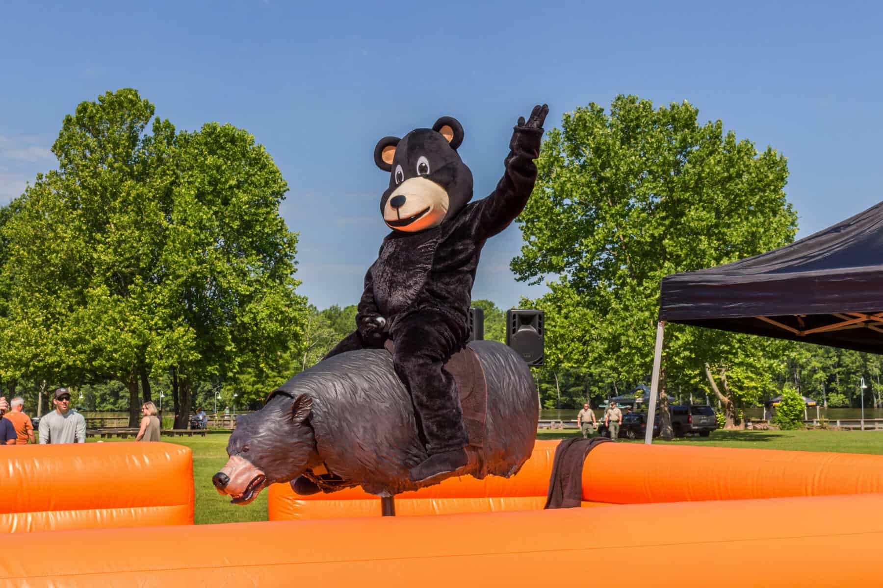 Person in a bear costume rides a mechanical bull outdoors, surrounded by orange inflatable barriers.