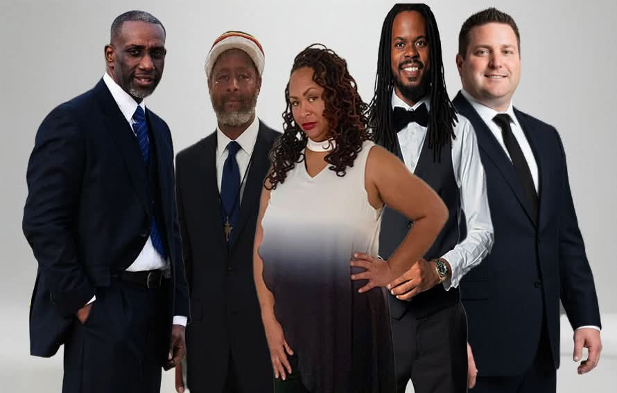 Five adults in formal and semi-formal attire standing together against a plain light background.