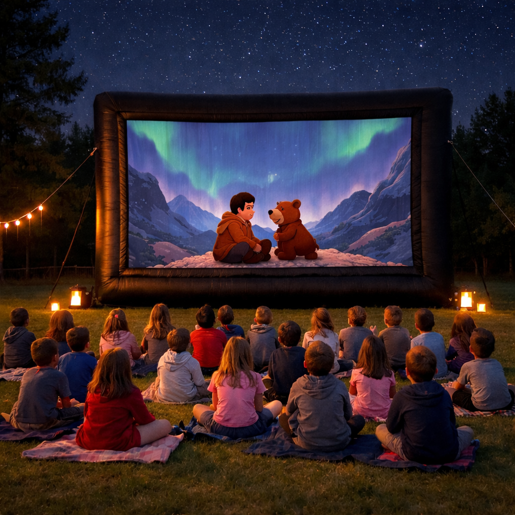 Children watch an outdoor movie under the stars, featuring a boy and a bear on the screen.