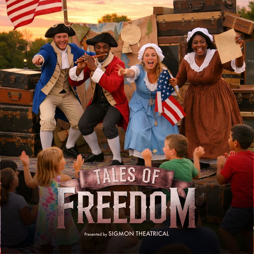 Four actors in colonial costumes perform outdoors, waving flags and smiling for a crowd of children.