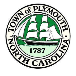Seal of Plymouth, North Carolina, featuring a sailing ship and the year 1787 on a green and white background.