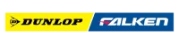 dunlop-rs Dunlop and Falken logos side by side on a yellow and blue background.